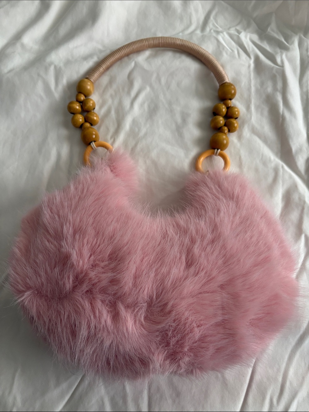 Pink Faux Fur Bag with Wooden Bead Handle NWT - Picture 6 of 7
